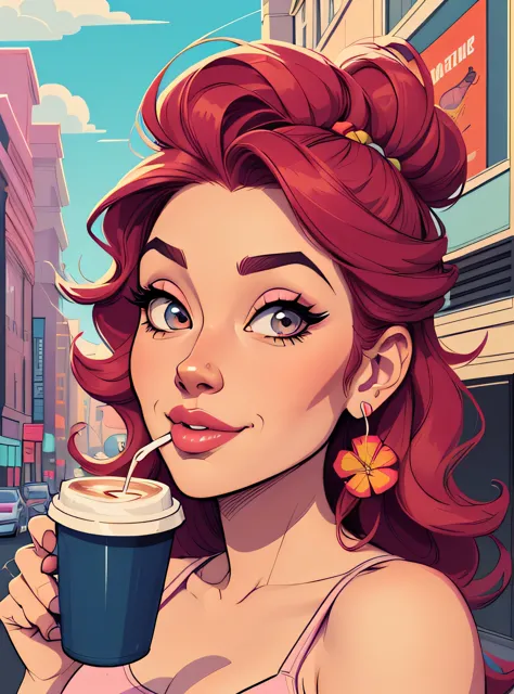 (estilo de desenho animado:1.2), Imagem de desenho animado de uma mulher com cabelo grande, drinking coffee, garota funky super ...