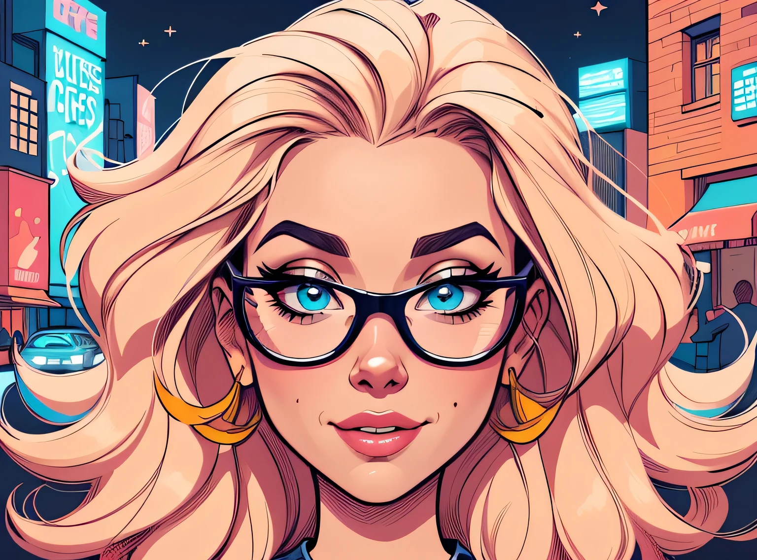 A woman with glasses and blonde hair in a city - SeaArt AI