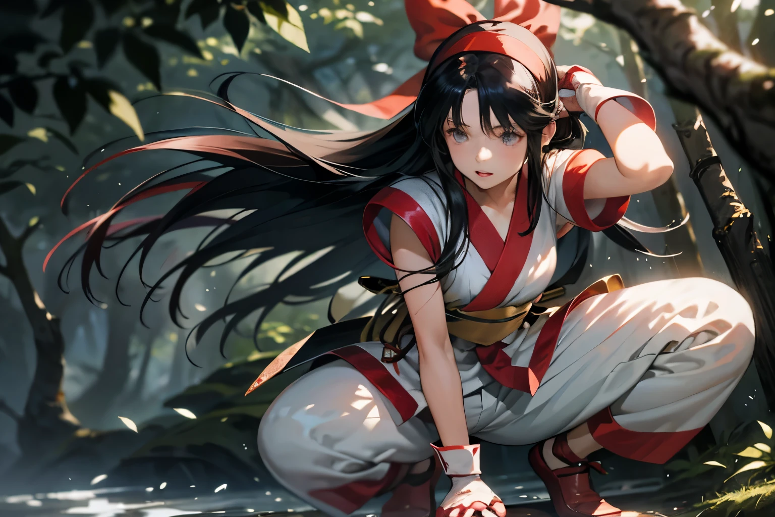 masterpiece、highest quality,1 girl, Nakoruru、long hair, ainu clothes, alone, hair band, black hair, fingerless gloves, short sleeve, gloves, sash, pants, bangs, red hair band, arms, chest, beautiful eyes, white pants, kimono、Nakoruru、full body portrait、M-shaped legs、lewd pose、Sloppy appearance、organi、clothed sex、Forest with a river, High resolution, dramatic lighting and shadow, blurred background、looking at the viewer, dramatic hair,