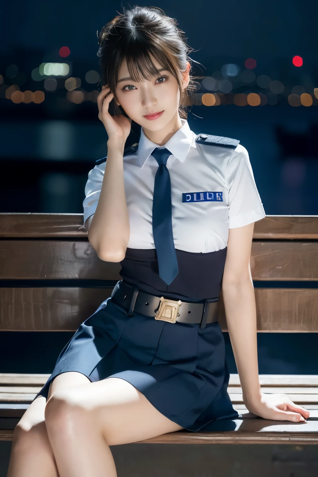 Chica inocente de 20 años、((Oficial de policía de Japón, uniforme de policia sexy, falda, lindo y elegante, poses dramáticas)),sonrisa,fondo de la ciudad de noche,atajo、foto en bruto, (8k、de primera calidad、​obra maestra:1.2)、(detalles intrincados:1.4)、(Fotorrealista:1.4)、representaciones de octanaje、Representación 3D compleja con ultradetalles, Luz suave de estudio, Luces de llanta, detalle vibrante, súper detalles, texturas de piel realistas, detalle cara, hermosos detalles ojos, Fondo de pantalla CG Unity 16k muy detallado, constituir, (antecedentes detallados:1.2), piel brillante, cuerpo completo,manos abajo、Abre las piernas y muestra tus bragas.,sentarse en un banco