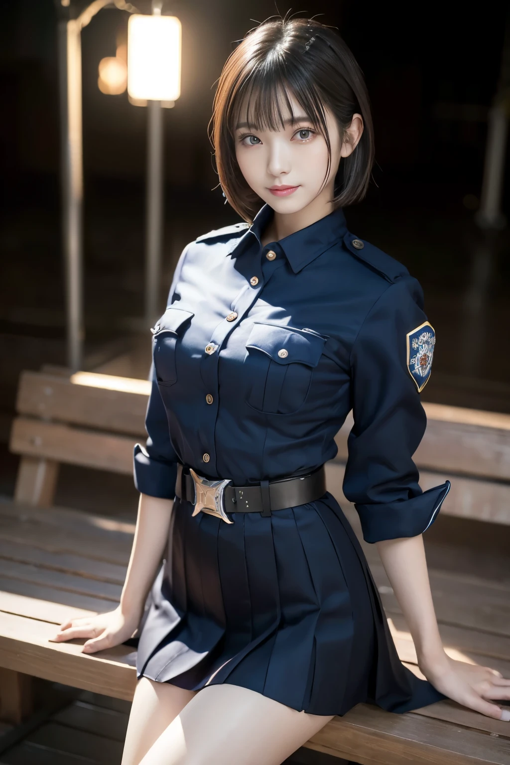 Innocent 20 year old girl、((Japan Police Officer, sexy police uniform, Skirt, Cute and elegant, Dramatic poses)),Smile,night city background,short-cut、Raw photo, (8K、top-quality、​masterpiece:1.2)、(intricate detailes:1.4)、(Photorealsitic:1.4)、octane renderings、Complex 3D rendering ultra detail, Studio Soft Light, Rim Lights, vibrant detail, super detailing, realistic skin textures, Detail Face, Beautiful detail eyes, Very detailed CG Unity 16k wallpaper, make - up, (detailedbackground:1.2), shinny skin, Full body,Hands down、Spread your legs and show your panties,sit on a bench