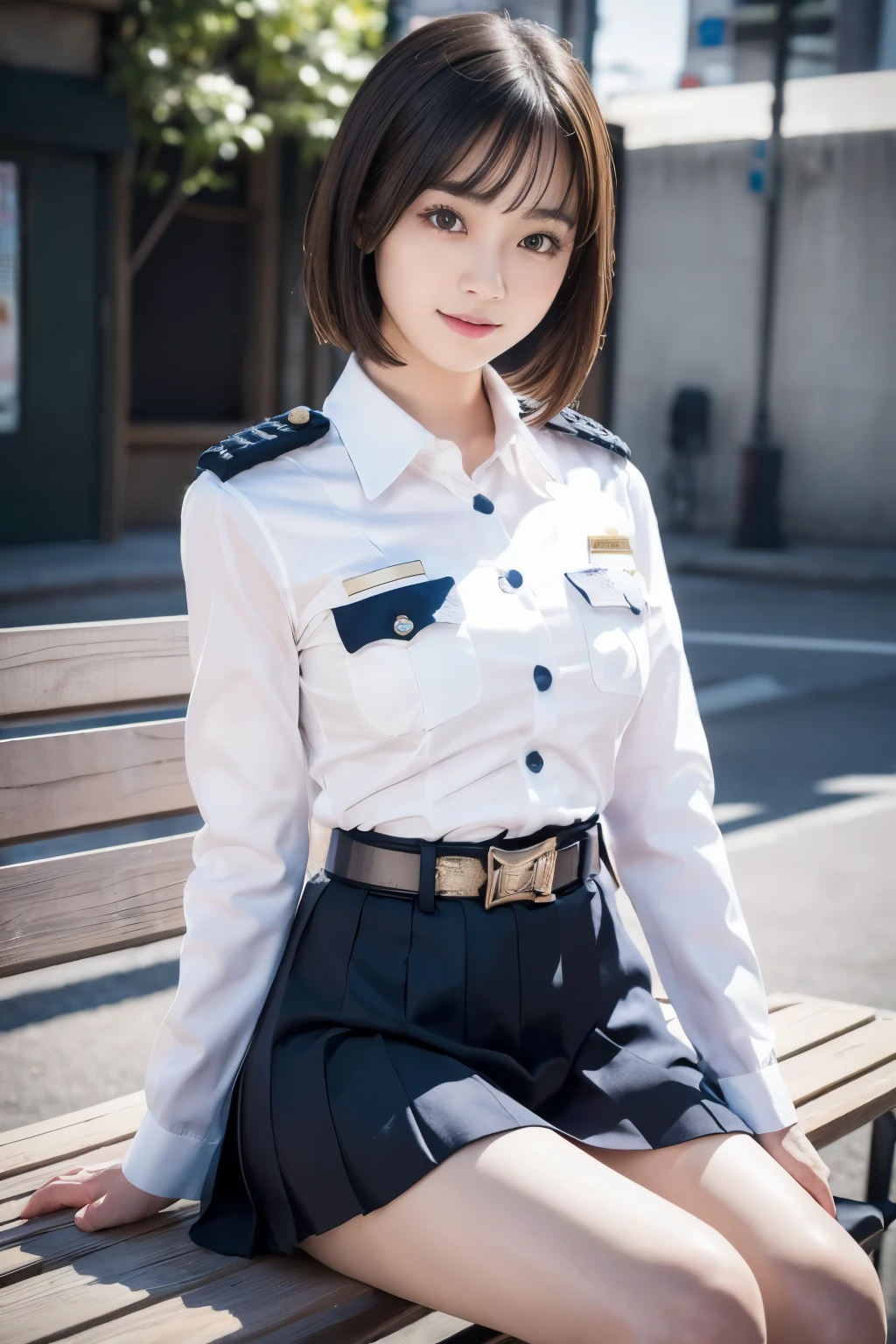 Innocent 20 year old girl、((Japan Police Officer, sexy police uniform, Skirt, Cute and elegant, Dramatic poses)),Smile,night city background,short-cut、Raw photo, (8K、top-quality、​masterpiece:1.2)、(intricate detailes:1.4)、(Photorealsitic:1.4)、octane renderings、Complex 3D rendering ultra detail, Studio Soft Light, Rim Lights, vibrant detail, super detailing, realistic skin textures, Detail Face, Beautiful detail eyes, Very detailed CG Unity 16k wallpaper, make - up, (detailedbackground:1.2), shinny skin, Full body,Hands down、Spread your legs and show your panties,sit on a bench