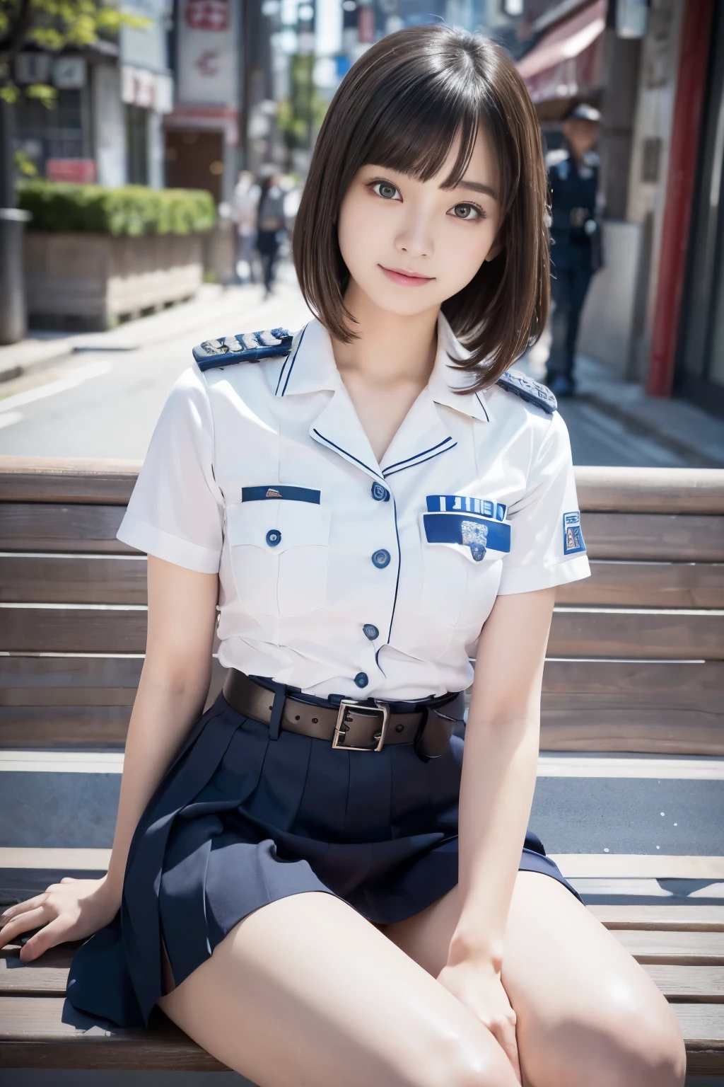 Chica inocente de 20 años、((Oficial de policía de Japón, uniforme de policia sexy, falda, lindo y elegante, poses dramáticas)),sonrisa,fondo de la ciudad de noche,atajo、foto en bruto, (8k、de primera calidad、​obra maestra:1.2)、(detalles intrincados:1.4)、(Fotorrealista:1.4)、representaciones de octanaje、Representación 3D compleja con ultradetalles, Luz suave de estudio, Luces de llanta, detalle vibrante, súper detalles, texturas de piel realistas, detalle cara, hermosos detalles ojos, Fondo de pantalla CG Unity 16k muy detallado, constituir, (antecedentes detallados:1.2), piel brillante, cuerpo completo,manos abajo、Abre las piernas y muestra tus bragas.,sentarse en un banco