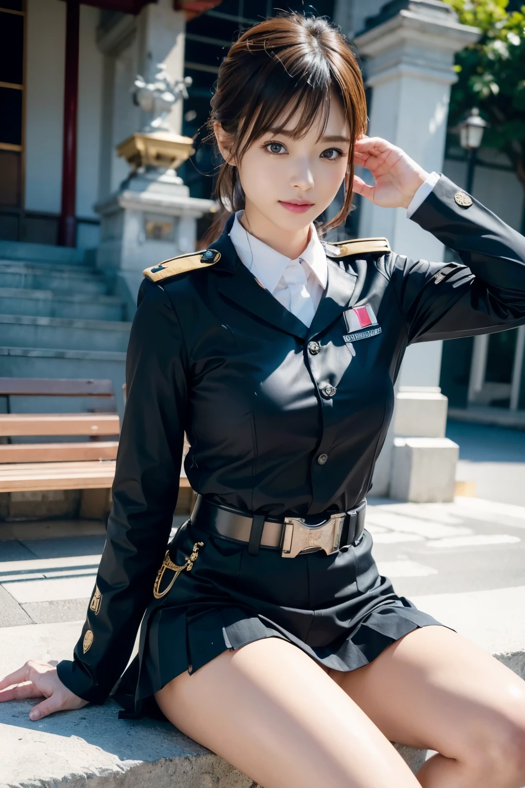 Innocent 20 year old girl、((Japan Police Officer, sexy police uniform, Skirt, Cute and elegant, Dramatic poses)),Smile,night city background,short-cut、Raw photo, (8K、top-quality、​masterpiece:1.2)、(intricate detailes:1.4)、(Photorealsitic:1.4)、octane renderings、Complex 3D rendering ultra detail, Studio Soft Light, Rim Lights, vibrant detail, super detailing, realistic skin textures, Detail Face, Beautiful detail eyes, Very detailed CG Unity 16k wallpaper, make - up, (detailedbackground:1.2), shinny skin, Full body,Hands down、Spread your legs and show your panties,sit on a bench