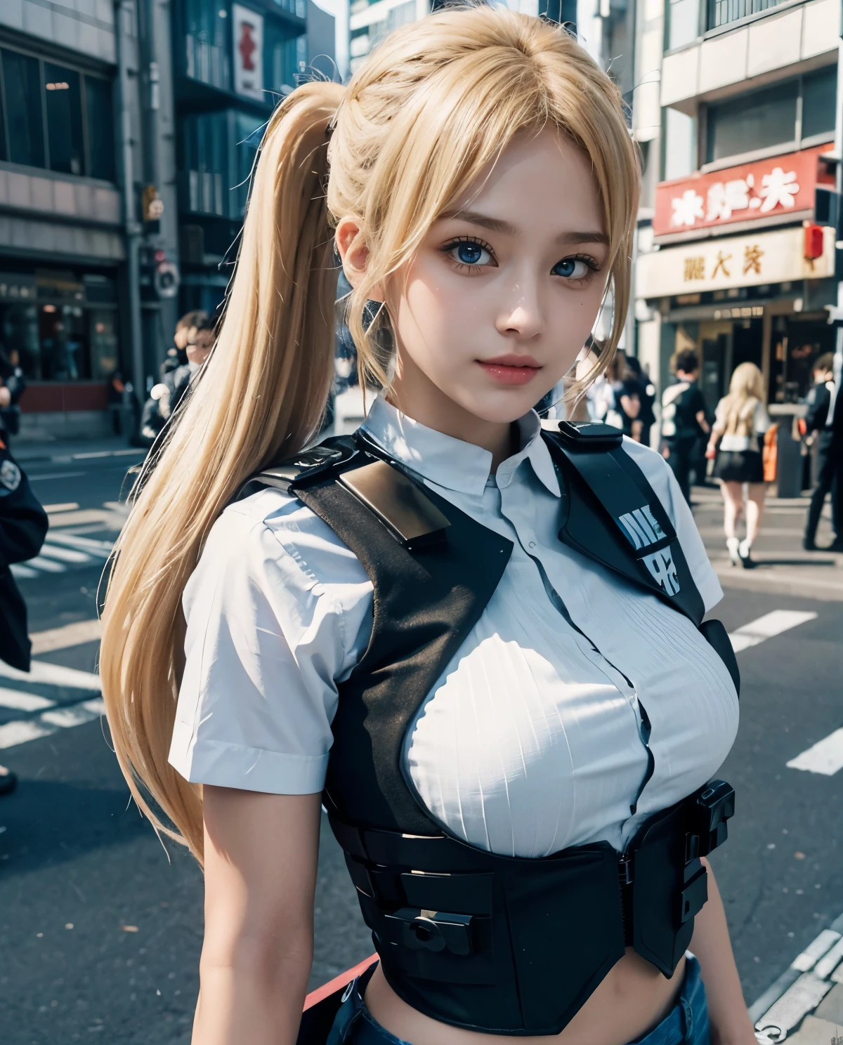 1girl, (Blue Eyes), smiling, (police uniform :1.2), (bulletproof vest :1.2), (Sana Minatozaki), wide hips, Big , big ass, (Best Quality, 8k, Masterpiece: 1.3), Clear Focus: 1.2, Perfect Body Beauty: 1.4, Highly detailed face and skin texture, detailed eyes, double eyelids, (blonde long twintails :1.2), black jeans, standing, dynamic pose, in a busy neighborhood of tokyo