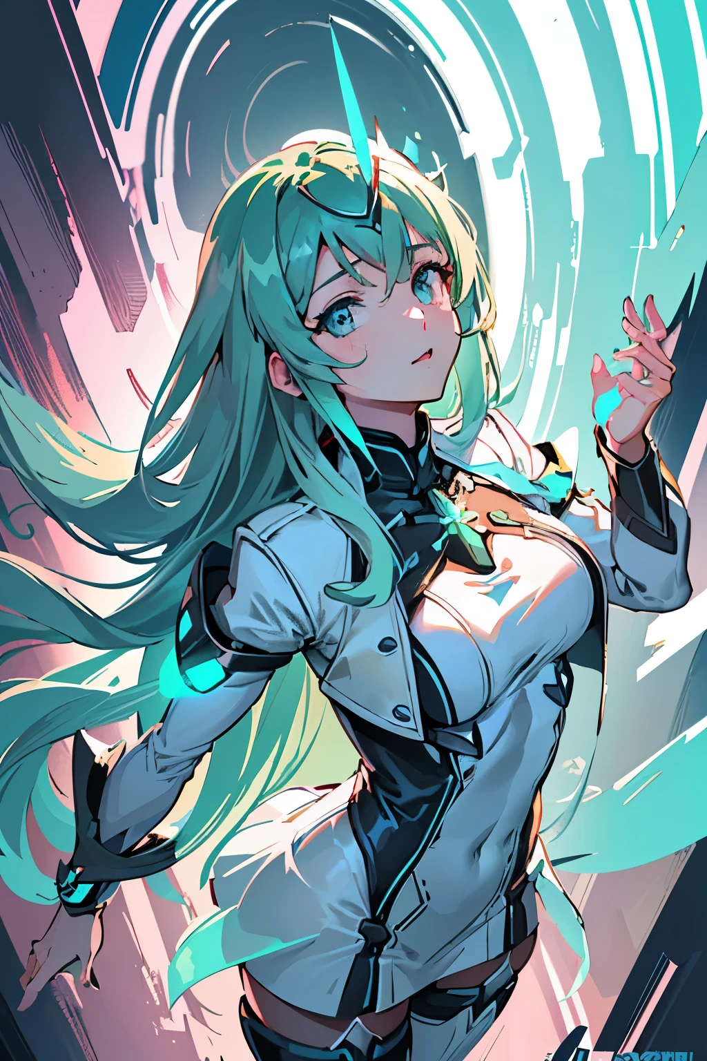 Anime, Girl, (((1girl))), (((Waifu, Xenoblade Chronicles 2, Pneuma Waifu))), (((Seafoam Green Hair, Long Hair))), ((Seafoam Green Eyes eyes:1.3, Upturned Eyes: 1, Perfect Eyes, Beautiful Detailed Eyes, Gradient eyes: 1, Finely Detailed Beautiful Eyes: 1, Symmetrical Eyes: 1, Big Highlight On Eyes: 1.2)), (((Lustrous Skin: 1.5, Bright Skin: 1.5, Skin Fair, Shiny Skin, Very Shiny Skin, Shiny Body, Plastic Glitter Skin, Exaggerated Shiny Skin, Illuminated Skin))), (Detailed Body, (Detailed Face)), Young, Idol Pose, (Best Quality), Techwear, (((Military Uniform))), (((Military Cap))), (((Military Coat))), (((Thigh-high Heeled Boots))), High Resolution, Sharp Focus, Ultra Detailed, Extremely Detailed, Extremely High Quality Artwork, (Realistic, Photorealistic: 1.37), 8k_Wallpaper, (Extremely Detailed CG 8k), (Very Fine 8K CG), ((Hyper Super Ultra Detailed Perfect Piece)), (((Flawlessmasterpiece))), Illustration, Vibrant Colors, (Intricate), High Contrast, Selective Lighting, Double Exposure, HDR (High Dynamic Range), Post-processing, Background Blur