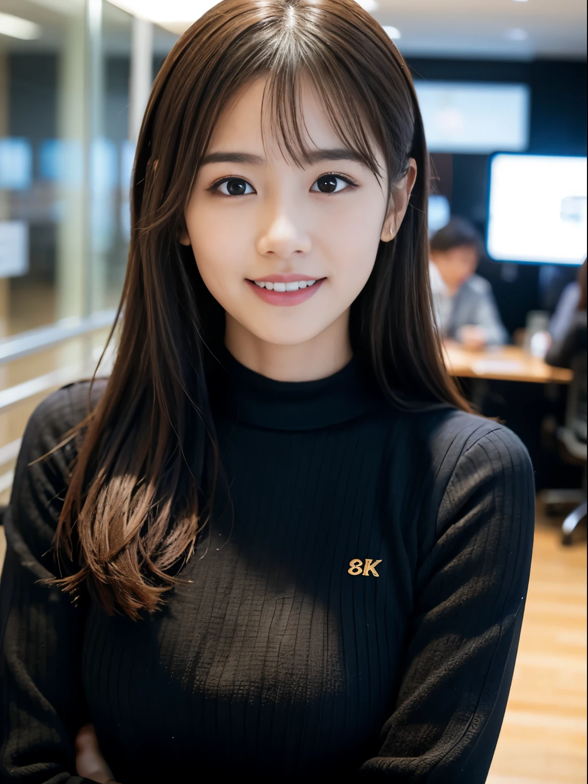  (8K, RAW photo, highest quality, masterpiece:1.3), (realistic, photo-realistic:1.4), (Highly detailed 8K wallpaper), sharp focus, Depth of written boundary,
 japanese idol,very cute,(baby face),sweater, Look at us and smile, Upper body, highly detailed face and eyes,((shiny skin:1.2)), cinematic lighting, soft light, blur background, Bokeh,(Office, modern, stylish, glass walls, open space:1.2)
