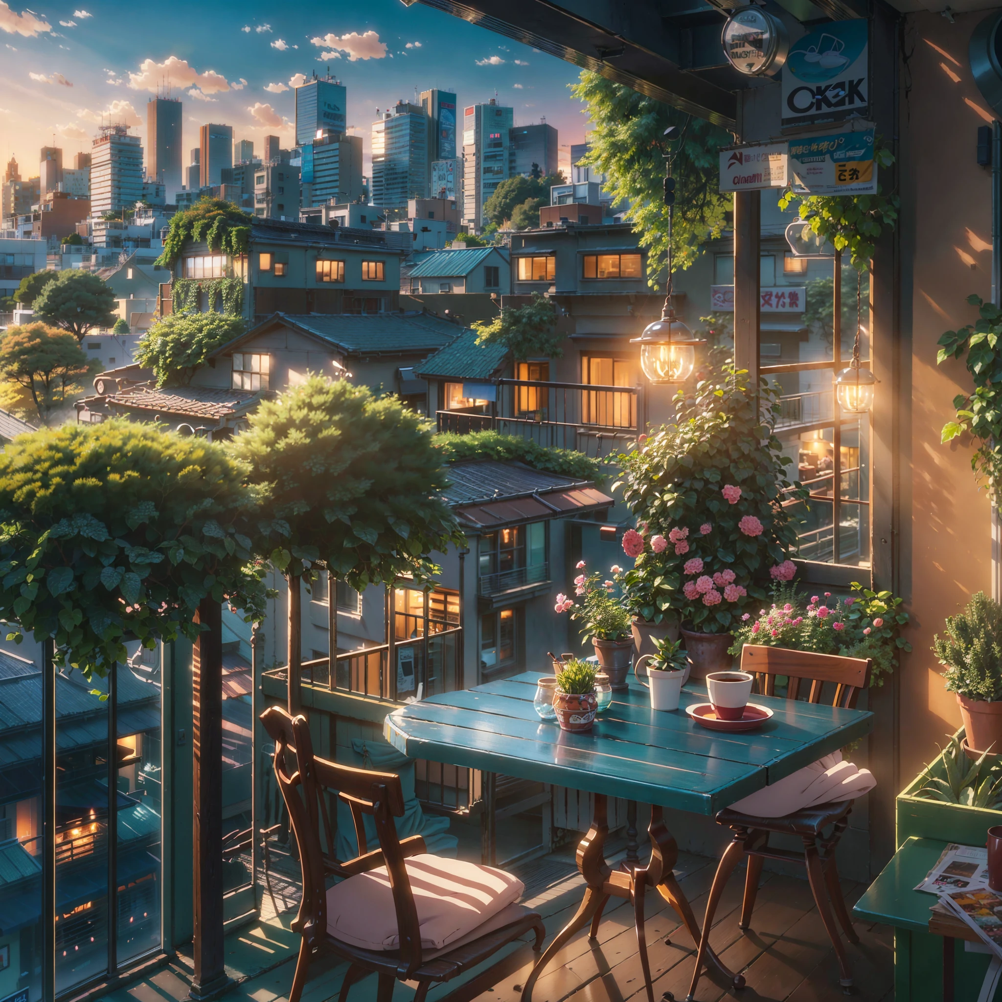 there is a table and chairs on a balcony with a view of the city, anime background art, cozy cafe background, beautiful cityscape, anime art wallpaper 4k, anime art wallpaper 4 k, beautiful anime scene, 4k anime wallpaper, anime art wallpaper 8 k, anime background, anime wallpaper 4 k, anime wallpaper 4k, colorful anime movie background, amazing wallpaper
