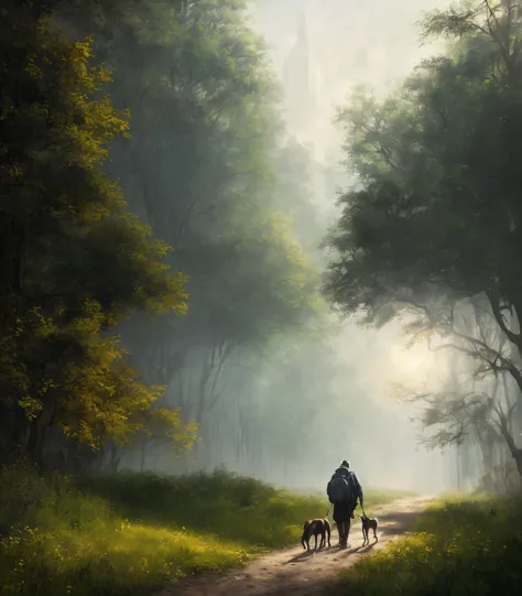 (masterpiece) raw highly detailed, a man with a post-apocalyptic dog with a backpack is walking down a clear alley in a leafy an...