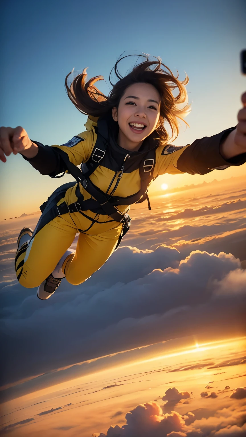 A WOMAN skydiving in air  in lots of yellow clouds city floating on lots of yellow clouds ((masterpiece)), ((best quality))), ((ultra-detailed)), UHD, 8K, ((high resolution))), ((illustration)), ((realistic)),  girl falling skydiving in air in yellow space suit taking selfie on floating city, in background show (Best quality,4K,8K,A high resolution,Masterpiece:1.2), Ultra-detailed,(Realistic,Photorealistic,photo-realistic:1.37), Futuristic floating city, Futuristic technology, Huge high-tech tablet platform,Floating in the sky, Futuristic city, Small airships around, High-tech hemispherical platform, city floating on lots of yellow clouds, city on top of dusty clouds, yellow clouds at bottom, golden orange yellow tones ,sunset, hot weather, girl taking selfie enthusiasm, laughing smiling, girl in yellow spacesuit, dusty environment, hot summer, desert weather. fish eye view,  lots of clouds