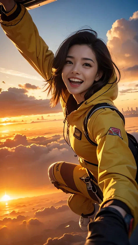 A WOMAN skydiving in air  in lots of yellow clouds city floating on lots of yellow clouds ((masterpiece)), ((best quality))), ((...