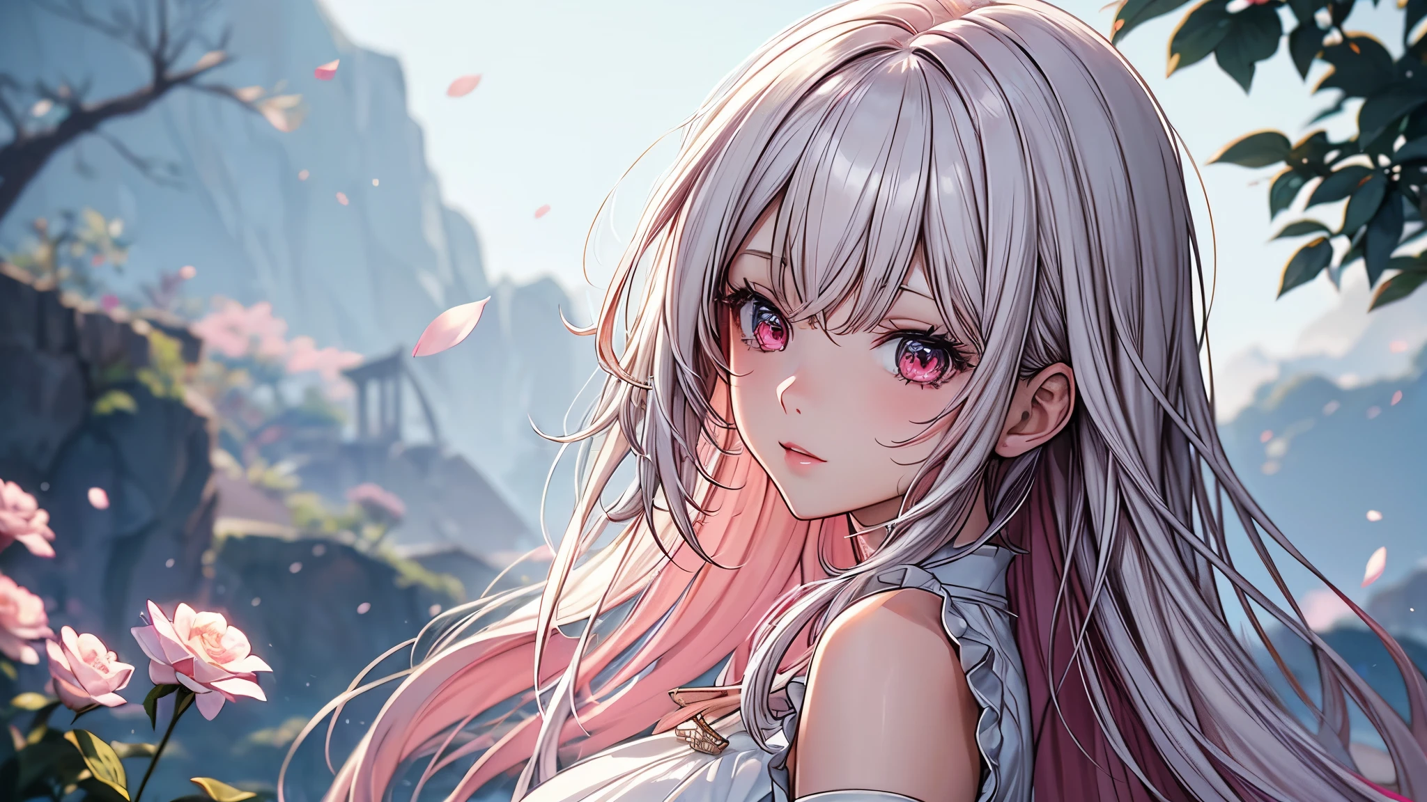 Anime girl aux cheveux roses et aux yeux bleus portant une robe blanche., Cheveux roses et yeux cyan., Illustration d&#39;anime douce, art animé numérique détaillé, fille animée aux cheveux longs, Guweiz et Pixiv Artstation, style animé 4k, art numérique sur pixiv, portrait de fille animée, oeuvre de style guweiz, belle fille animée
