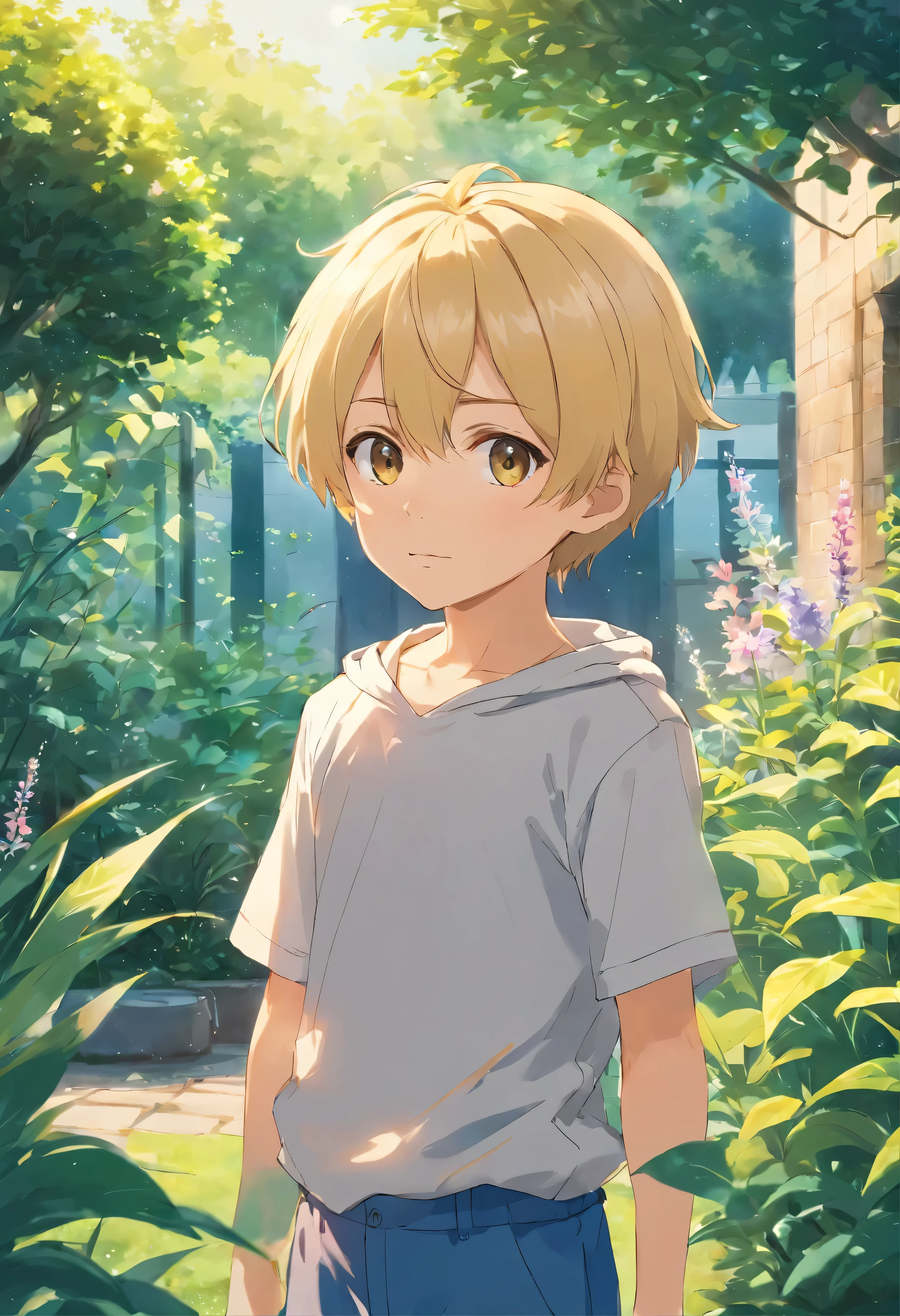 A 6-year-old blonde boy standing in a garden, alta qualidade, Foco claro (mess - house: 0.8), (obra-prima: 1.2) (realista: 1.2) (Bokeh) (melhor qualidade) (pele detalhada: 1.3) (detalhes intrincados) (8k) (Detalhe Olho) (sharp focus), (assustado) (various poses) Desenho