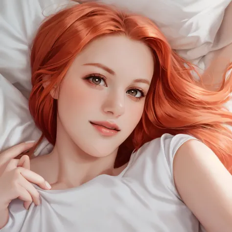 arafed woman laying in bed with white sheets and white sheets, cute young redhead girl, a redheaded young woman, a beautiful tee...