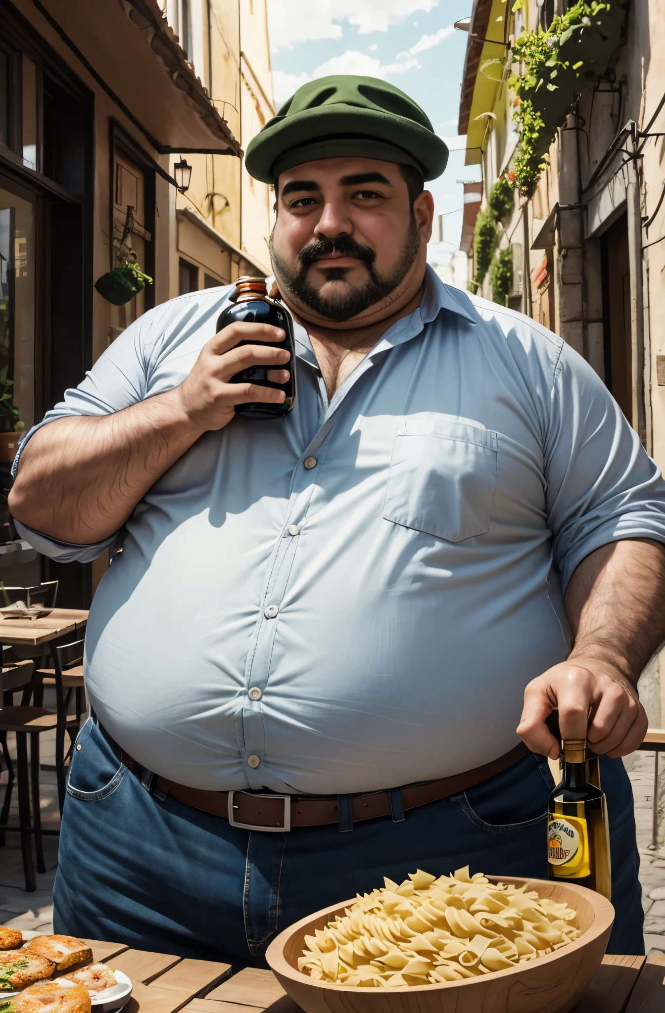 Araffe man with a beer and a plate of food on a table - SeaArt AI