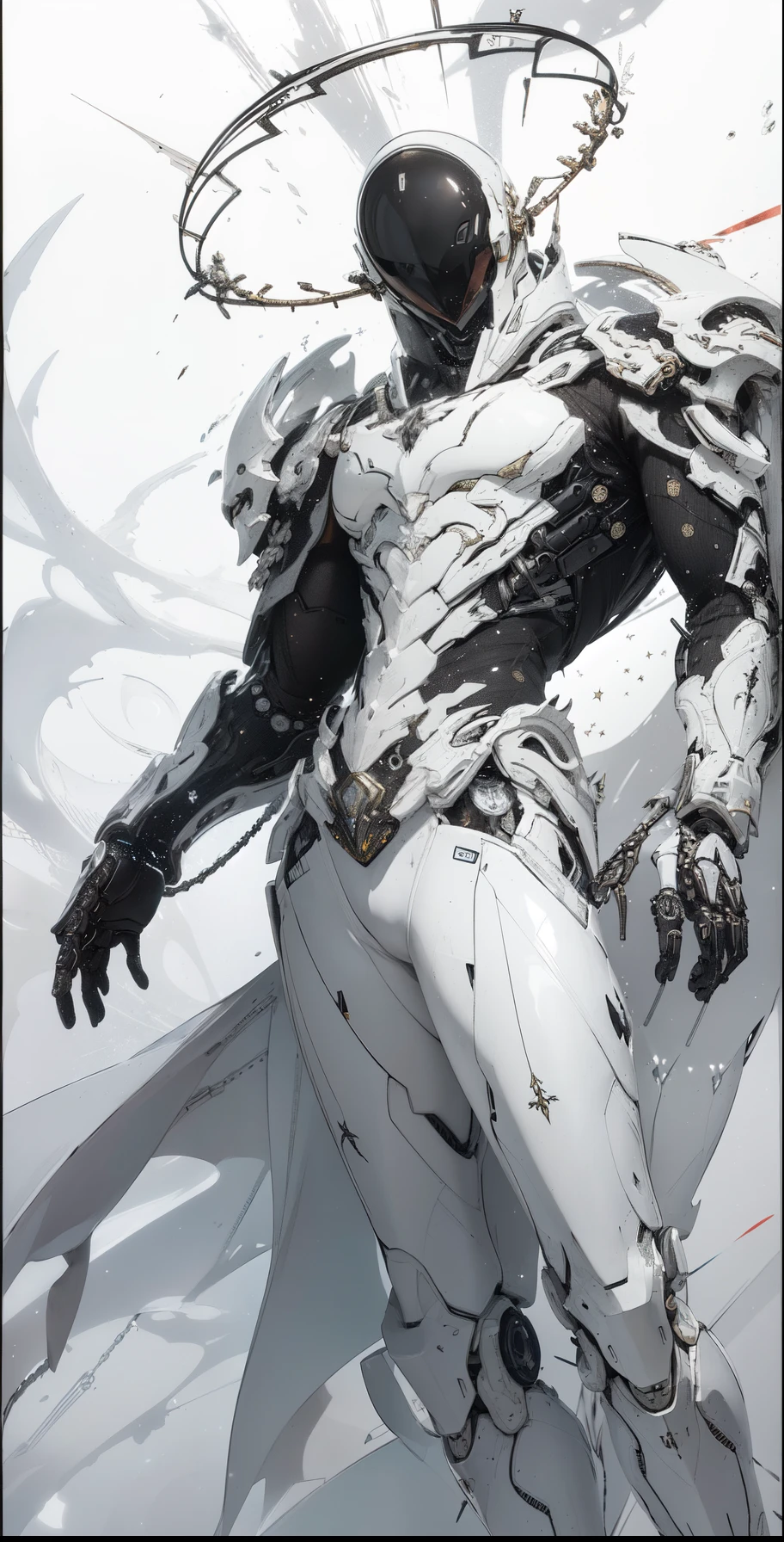 a close up of a deity with a white and black biomechanical body, black and white void space, exquisite mix of magic and science, white biomechanical details, gold tracing around some armor pieces, great character design, white biomechanical details, white mecha, highly detailed exquisite art, intricate white armor, no face, halo of energy over his head, 