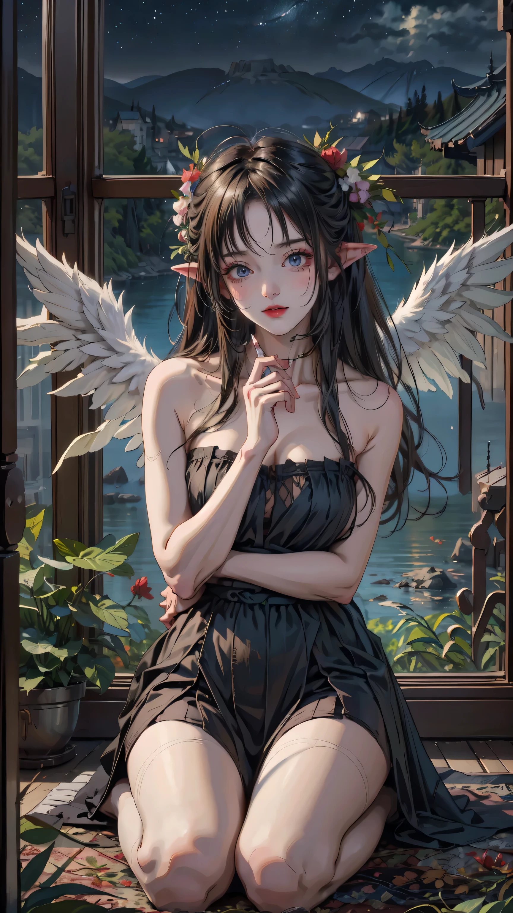 big tits, naked, sexy, sexy pose,naked,elf girl beautiful eyes,no clothes, detailed eyes,detailed face, full body, full shot, vivid colors, river mountains, flowers, gothic architecture buildings, starry night , no clothes, naked, interesting expression , ashamed, blushing, angel wings , wings
