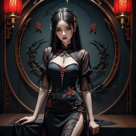  Demonic, Nordic, adorned in a gothic style cheongsam dress, Imagine the demon girl wearing an intricately designed Cheongsam wi...