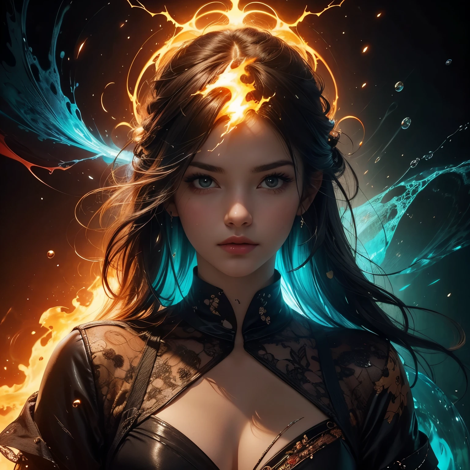 (Masterpiece artwork, top-quality, best qualityer, offcial art, beautiful and aesthetic: 1.2), (1girl), extremely detaild, (abstrato, Fractal Art: 1.3), colored hair, More Detailed, detailed_eyes, fire, water, Glace, lightning, light_particles, phantom, high detailed, r1ge