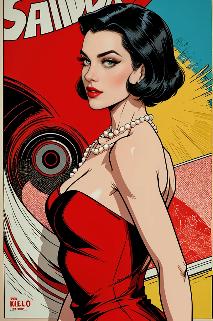 (Masterpiece, Best Quality), 8k Wallpaper, highly detailed, poster, vintage spy film, 1960s, sexy female rental killer, short black hair, (short Hair ) cinematic movie poster, Bauhaus, shapes, lines, abstract, propaganda, mid century modern, movie poster, vintage, Lady Killer by Joelle Jones, vintage clothes, long red dress, (red dress) , 
period dress, flowy dress. Pearl necklace , green eyes, backwards, looking back with chin resting on shoulder, comic, comic style