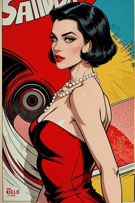 (Masterpiece, Best Quality), 8k Wallpaper, highly detailed, poster, vintage spy film, 1960s, sexy female rental killer, short bl...