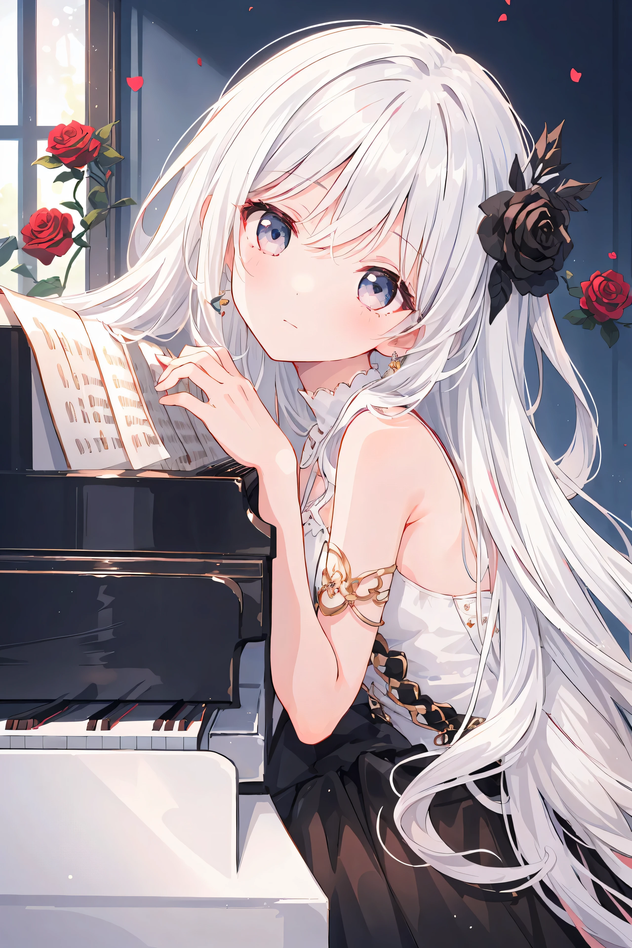 1fille, Seulement, Cheveux longs, piano, instrument, yeux noirs, robe, white robe, cheveux blancs, Regarder la visionneuse, particules légères, bouche fermée, à l&#39;intérieur, bijoux, Sans manches, épaules nues, frange, du côté, repose-tête sur piano, Inclinaison de la tête,Rose noire, beaux yeux détaillés, contexte détaillé,