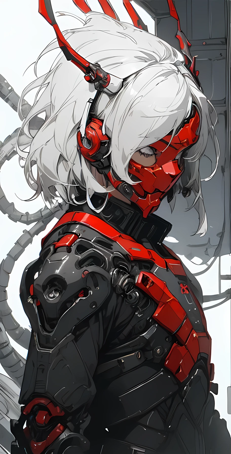 a close up of a female deity with a black and red biomechanical body, black and white void space, mix of magic and science, magic, science, black and red biomechanical details, silver tracing around some armor pieces, great character design, white biomechanical details, red mecha, highly detailed exquisite art, intricate red armor, no face, halo of energy over his head, 