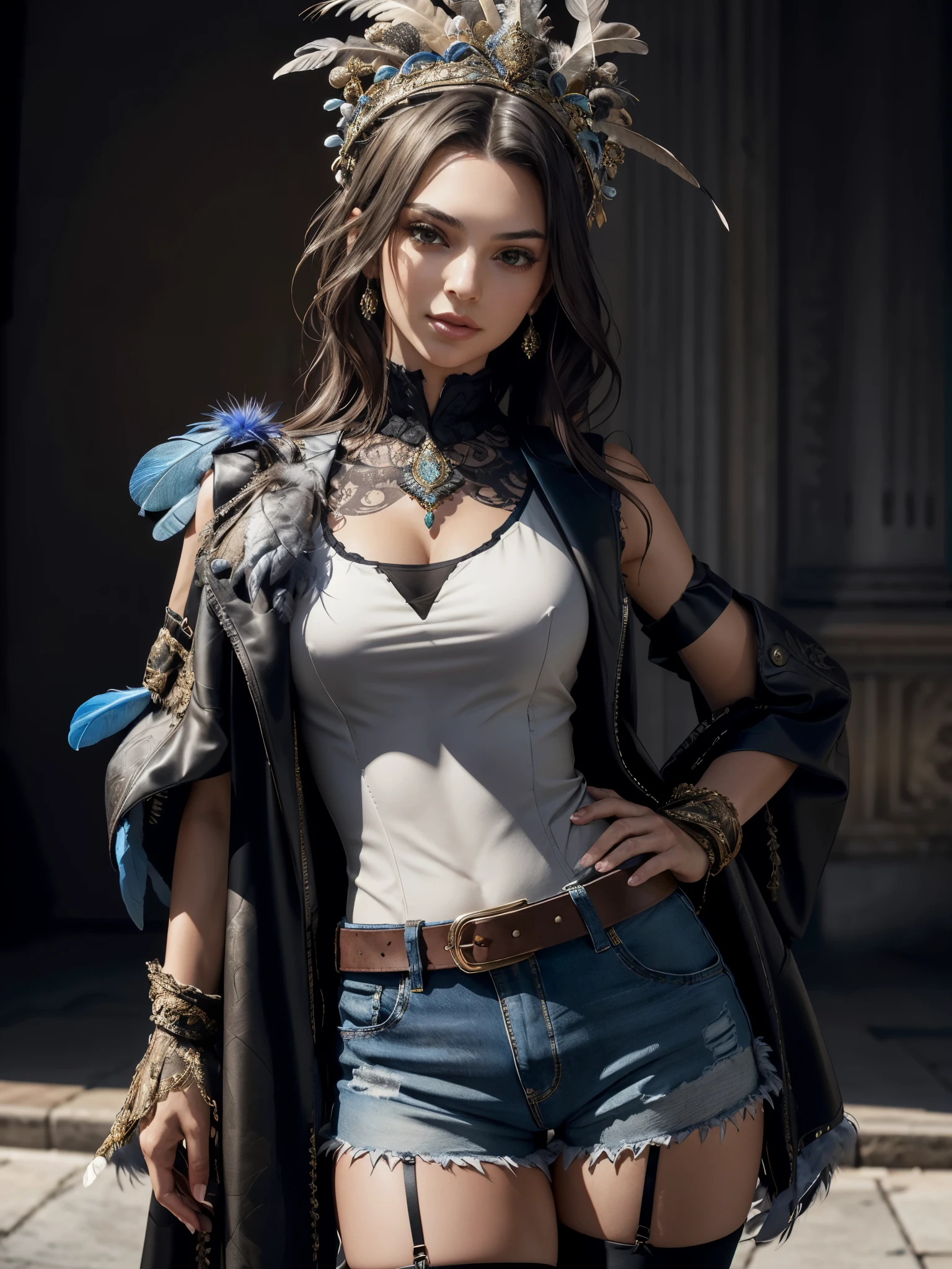 1girl, intricate patterned ruffle-trimmed royal dress, feathered headress, feather headpiece, royal statement jewelry, head tilt, masterpiece, best quality, high resolution, 8k, perfect lighting, super details, shorts, shirt, sleeveless jacket, thigh highs, leather belt, 