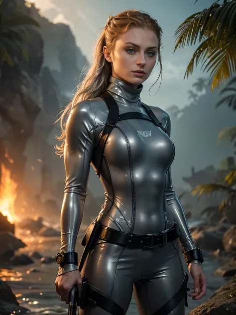((Sophie Turner)) as Lara Croft Tomb Raider, (wearing a grey silver pvc turtleneck wetsuit:1.3), posing in an ancient Mayan lago...