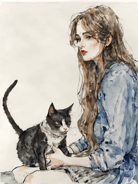 one girl and cat, watercolor, ink painting, sketch, ink wash painting
