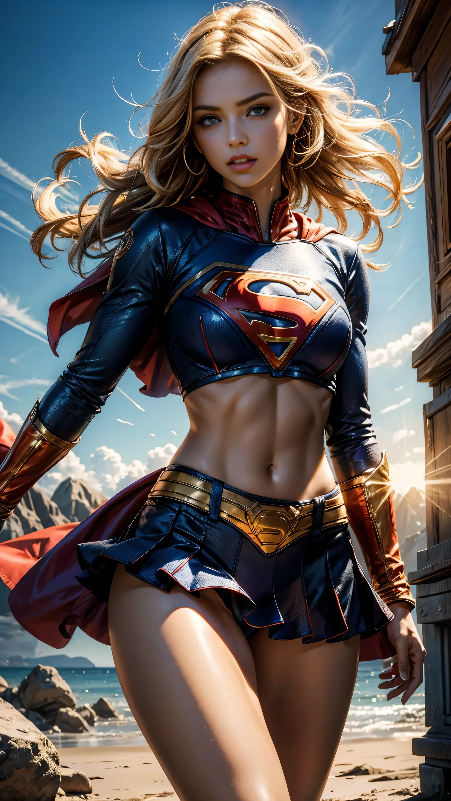 (best quality, highres, vivid colors:1.2), ultra-detailed, supergirl, skimpy costume, midriff showing, sexy, detailed facial features, beautiful detailed eyes, beautiful detailed lips, long eyelashes, confident expression, bright colors, vibrant background, flying in the sky, dynamic pose, strong physique, flowing blonde hair, powerful stance, intense sunlight, dramatic shadows, comic book style