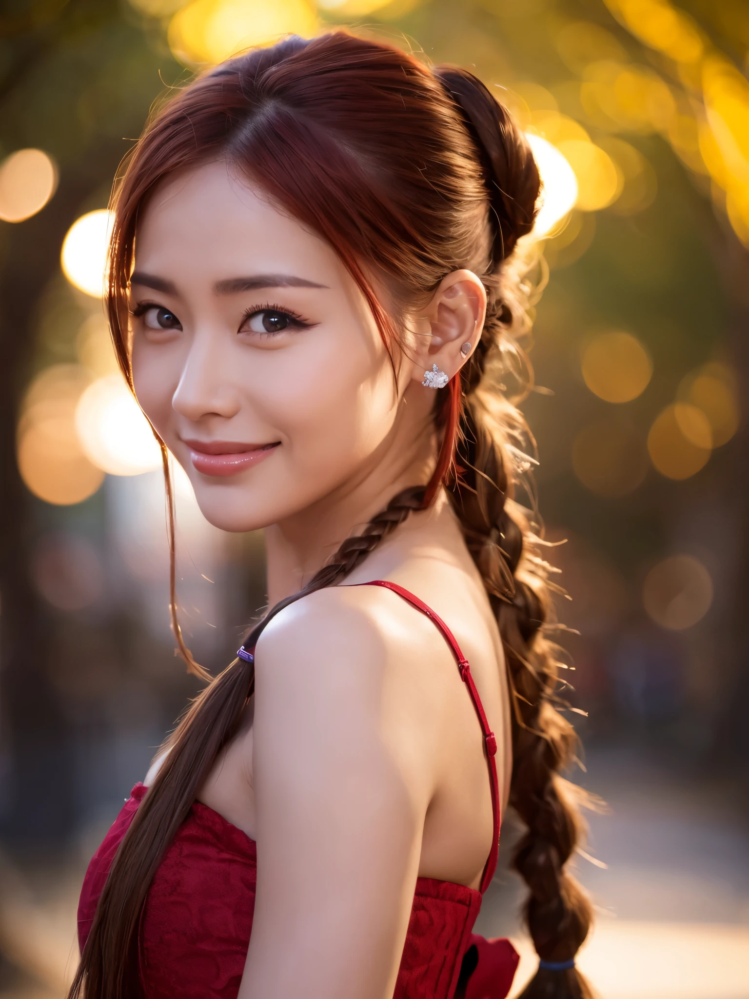 red hair, braid, braided bangs, hairpin, amber eyes, heart earrings, grin, seductive smile, Genre painting, depth of field, Fujicolor,full body, pose from various angles, Sony FE GM, bokeh, UHD, 16k, anatomically correct, textured skin, super detail, award winning, best quality,รองเท้าส้นสูงสีแดง.