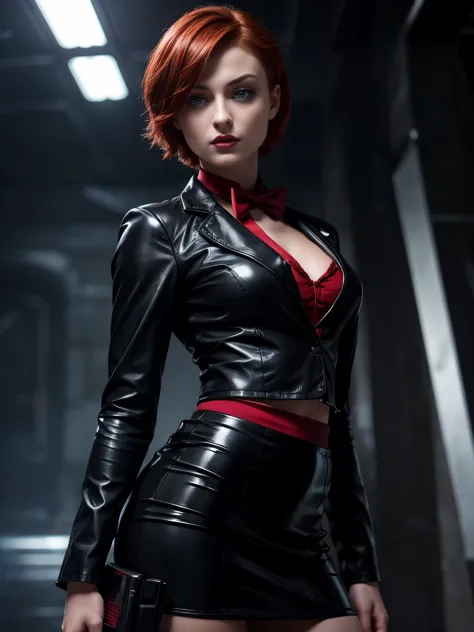(absurdres, highres, ultra detailed), masterpiece, Sophie Turner as ada wong (resident evil), ((solo)), short red hair, 1girl, s...