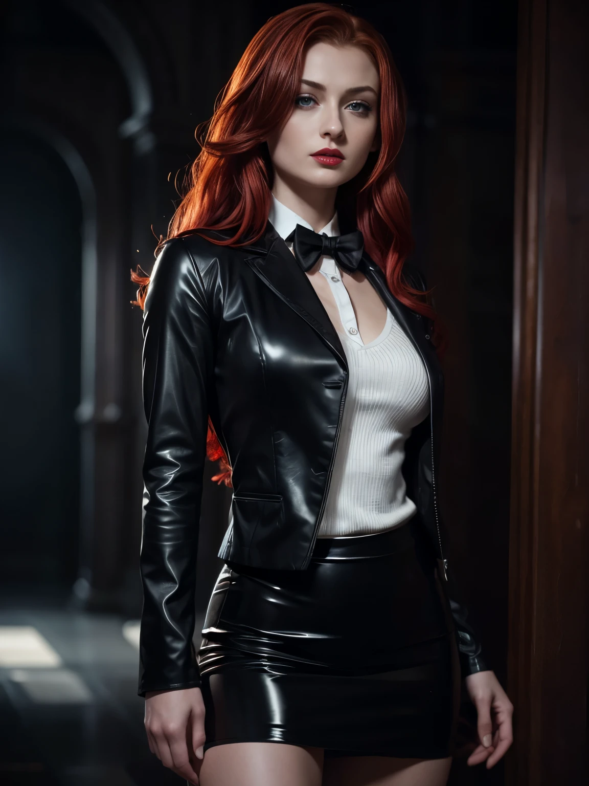 (absurdres, highres, ultra detailed), masterpiece, Sophie Turner as ada wong (resident evil), ((solo)), long red hair, 1girl, skirt suit, tuxedo, black jacket, waistcoat, black bowtie, bodycon skirt, black clothing, miniskirt, closed mouth, standing, (((detailed lips))), ((realistic skin)), glowing skin, ((glossy red lips)), portrait, beautiful, normal skin, blue eyes