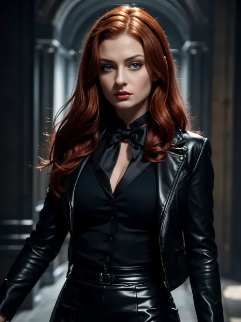 (absurdres, highres, ultra detailed), masterpiece, Sophie Turner (resident evil), ((solo)), long red hair, 1girl, skirt suit, tu...