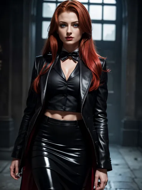 (absurdres, highres, ultra detailed), masterpiece, Sophie Turner (resident evil), ((solo)), long red hair, 1girl, skirt suit, tu...