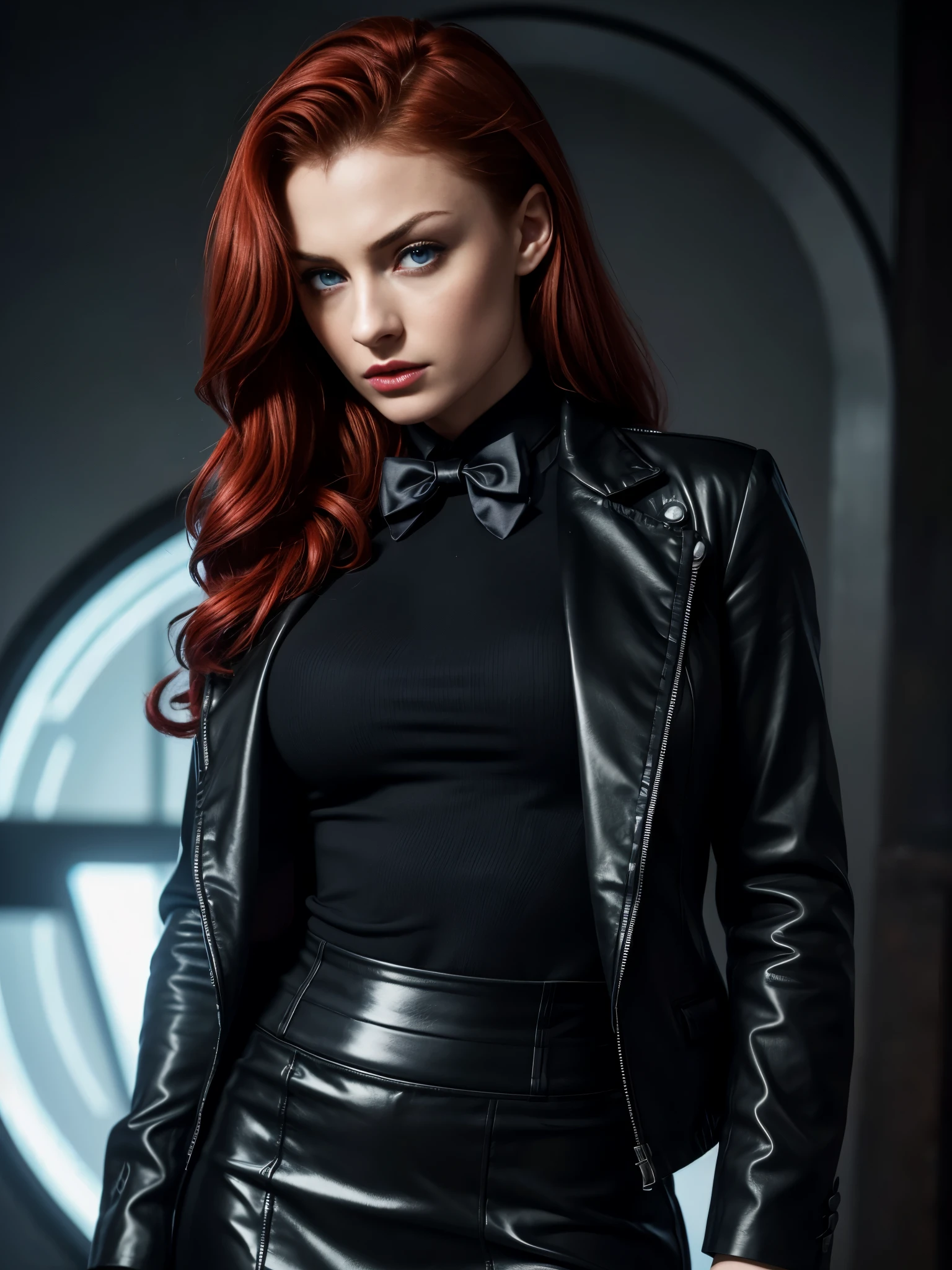 (absurdres, highres, ultra detailed), masterpiece, Sophie Turner (resident evil), ((solo)), long red hair, 1girl, skirt suit, tuxedo, black jacket, waistcoat, black bowtie, bodycon skirt, black clothing, miniskirt, closed mouth, standing, (((detailed lips))), ((realistic skin)), glowing skin, ((glossy red lips)), portrait, beautiful, normal skin, blue eyes