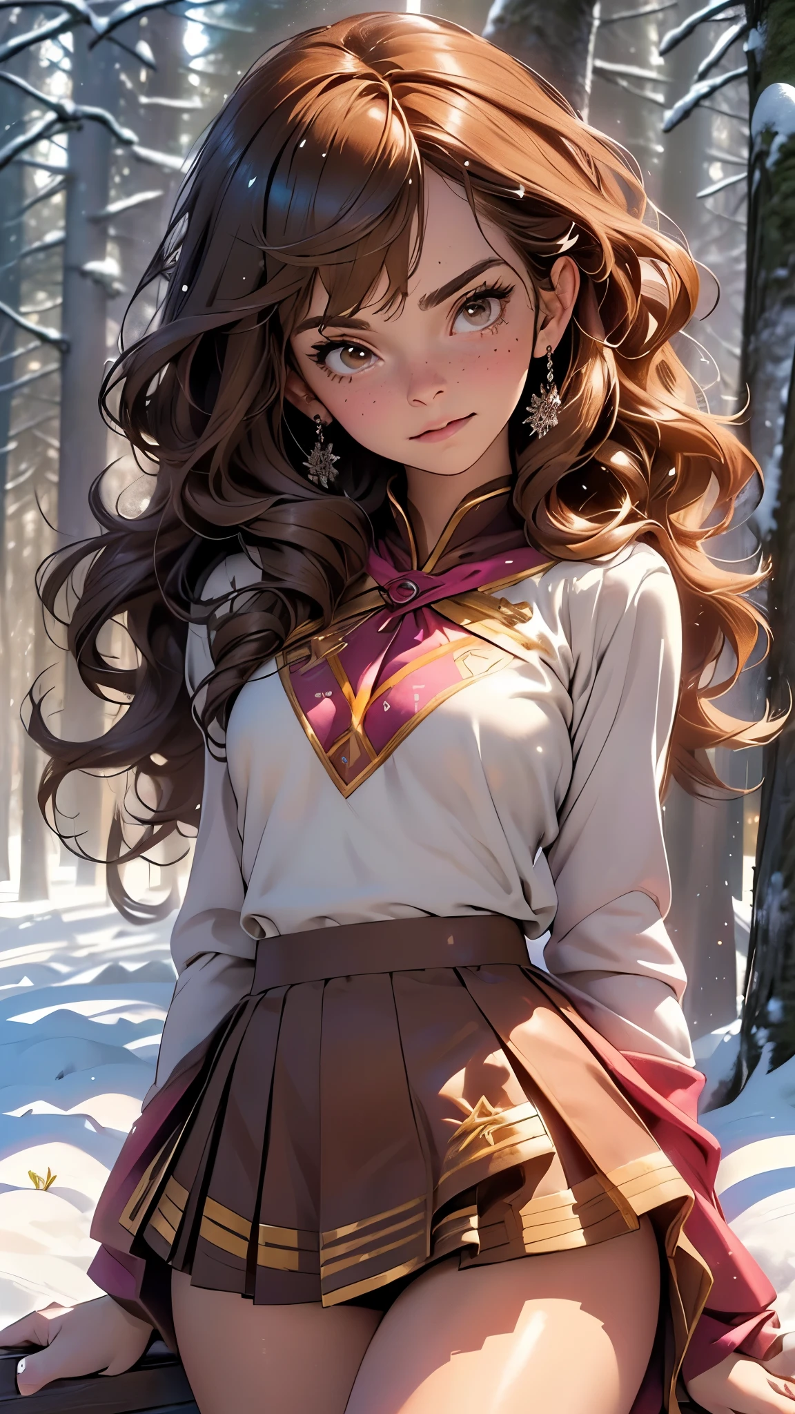 A woman in a skirt and a shirt is posing in the snow - SeaArt AI