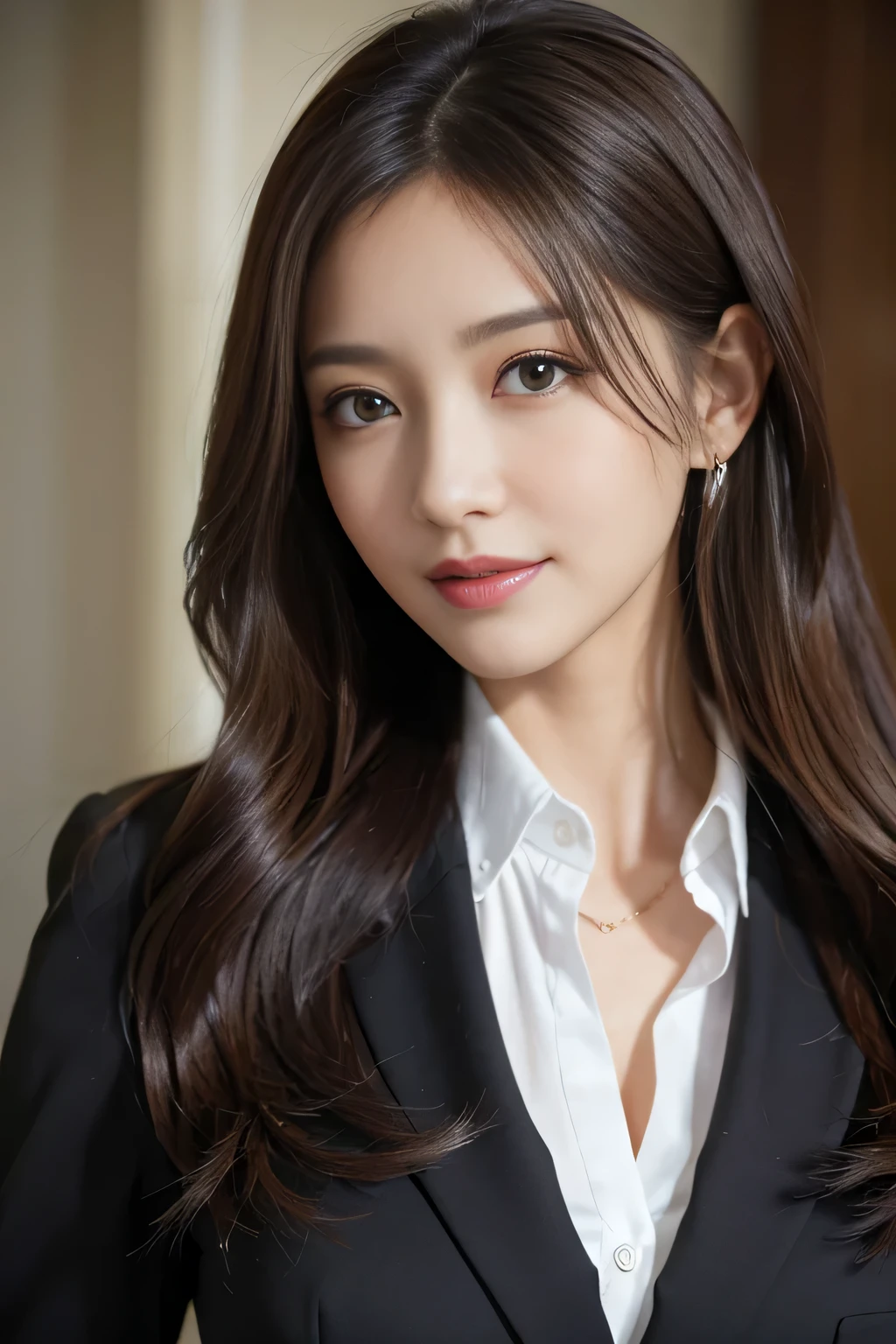 table top、highest quality、genuine、Super detailed、finely、High resolution、8k wallpaper、one beautiful woman、、、light brown disheveled hair、wearing a business suit、sharp focus、perfect dynamic composition、beautiful and detailed eyes、thin hair、詳細なgenuineな肌の質感、smile、close-up portrait、model body shape