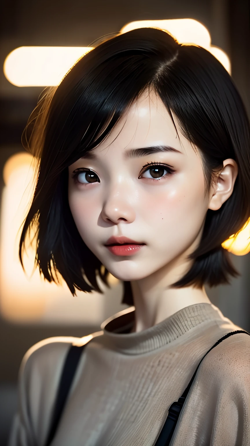 one girl, An ennui look、Upper body angle、 concrete background、bob cut、 short hair, colorful hair, compensate, parted lips, red lips, eyelinelm grain,a black and white photo:1.3、RAW photo)))、highest quality、ultra high resolution、masterpiece、background blur,