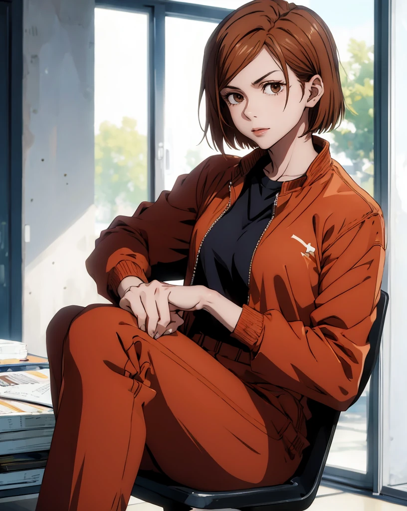 (masterpiece:1.4),(best quality:1.4) 1girl,nobara_jjk,brown hair,short hair, brown eyes,fully , sitting, full body