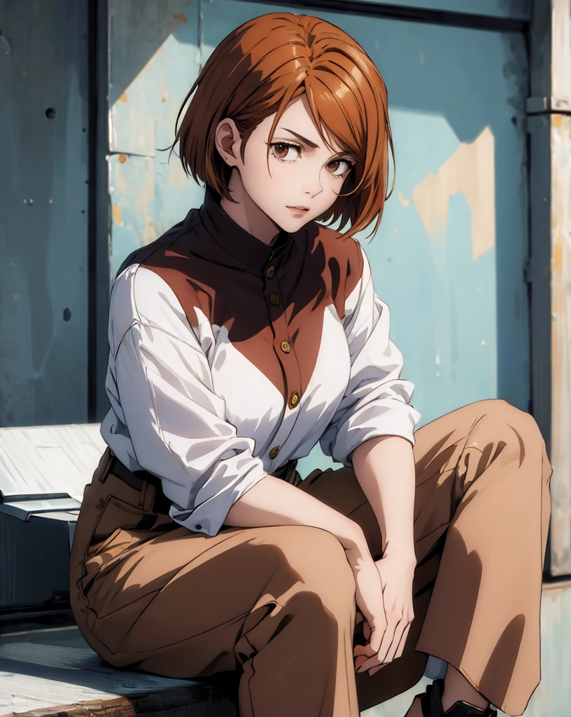 (masterpiece:1.4),(best quality:1.4) 1girl,nobara_jjk,brown hair,short hair, brown eyes,fully , sitting, full body