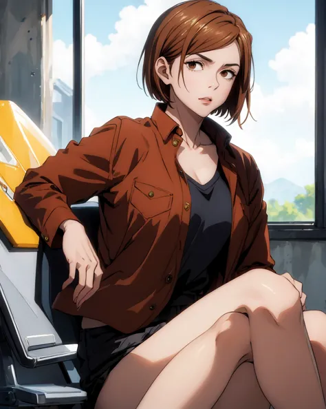 (masterpiece:1.4),(best quality:1.4) 1girl,nobara_jjk,brown hair,short hair, brown eyes,fully , sitting, full body