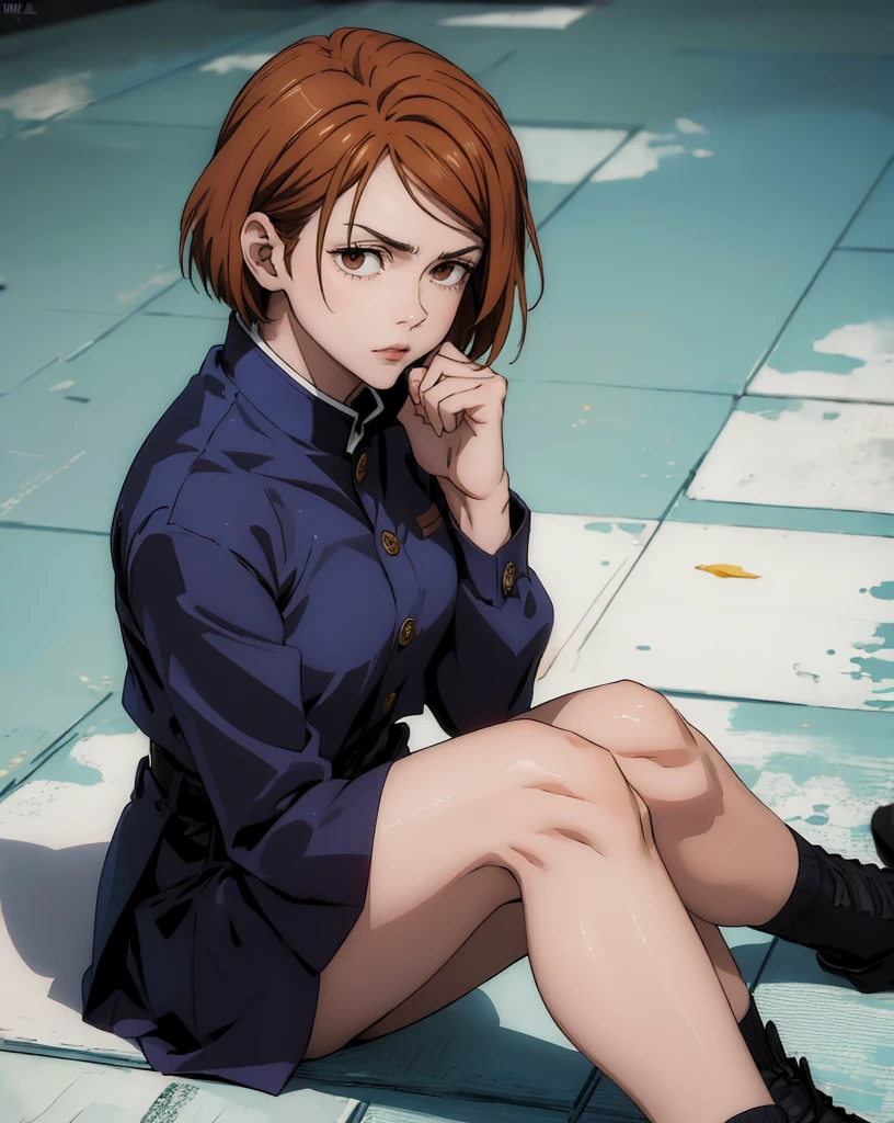 (masterpiece:1.4),(best quality:1.4) 1girl,nobara_jjk,brown hair,short hair, brown eyes,fully jujutsu school uniform,  sitting, full body