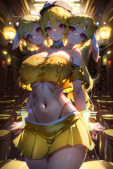 (masterpiece, best quality), best quality, (ultra-detailed), (3heads:1.5), 1girl, (ringo:1.3), masterpiece, best quality, orange top, crop top, ((stomach)), midriff, ((groin)), yellow skirt, normal ears, shackles, blonde hair, very long hair, wavy hair, si...