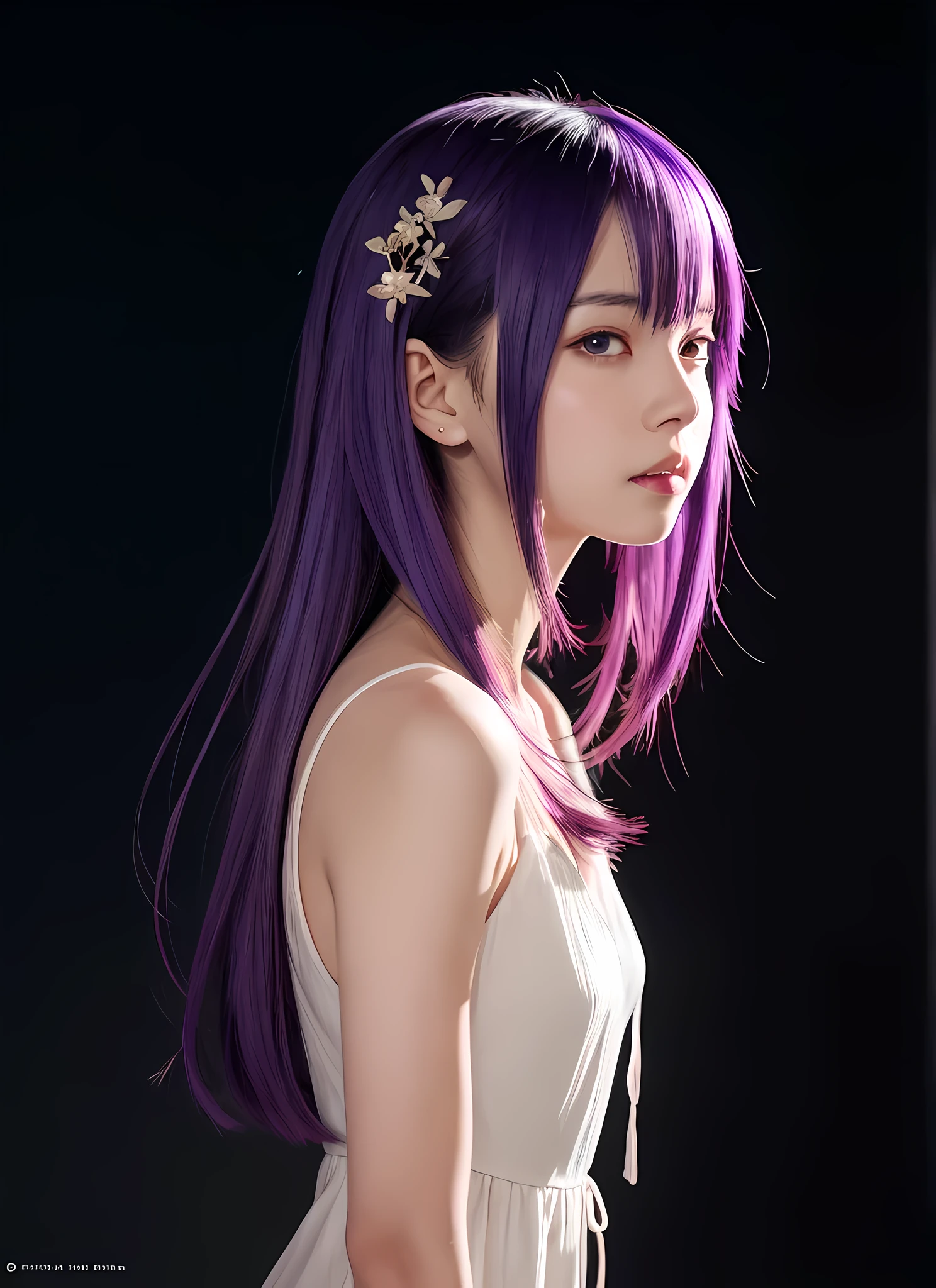 fille d&#39;anime aux cheveux violets et à la robe blanche debout devant un fond sombre, guweiz, oeuvre d&#39;art dans le style de guweiz, profil de fille anime, portrait, anime, fille, beau portrait animé, Portrait d&#39;une fille animée, portrait de fille animée, profil de portrait de fille animée, art animé numérique, detailed portrait de fille animée, chef-d&#39;œuvre de Guweiz