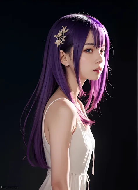 anime girl with purple hair and a white dress standing in front of a dark background, guweiz, artwork in the style of guweiz, pr...