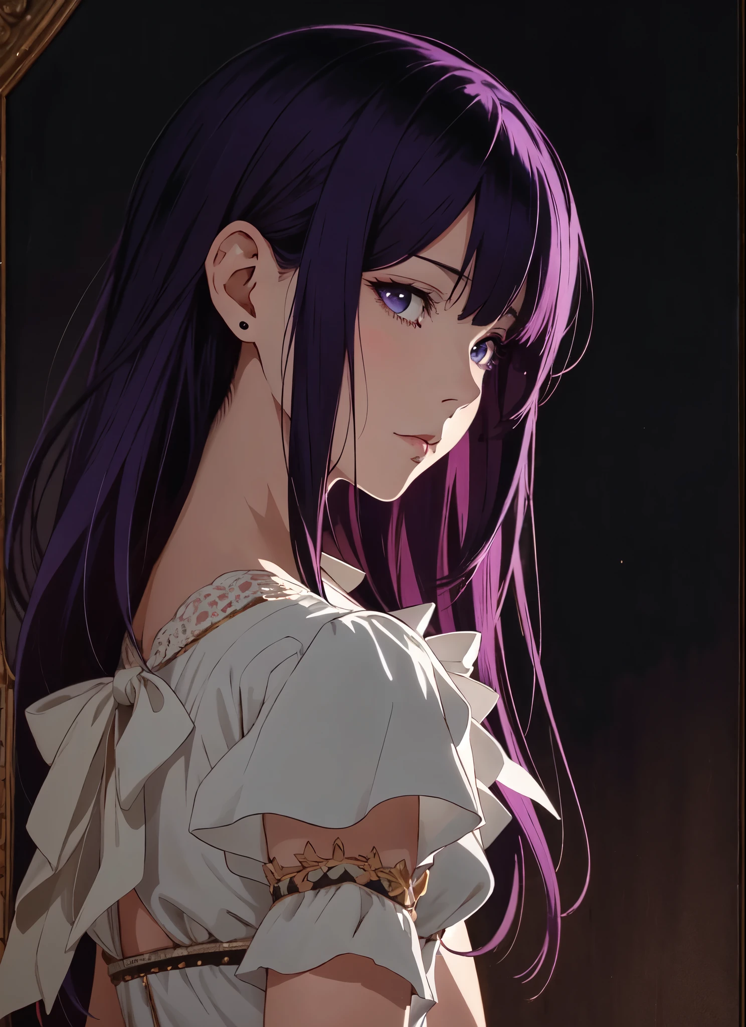 garota anime com cabelo roxo e um vestido branco em frente a um fundo escuro, Guweiz, artwork in the style of Guweiz, perfil de garota de anime, retrato anime menina, lindo retrato de anime, retrato de uma garota de anime, retrato de garota de anime, perfil de retrato de garota de anime, digital anime art, detailed retrato de garota de anime, Guweiz masterpiece