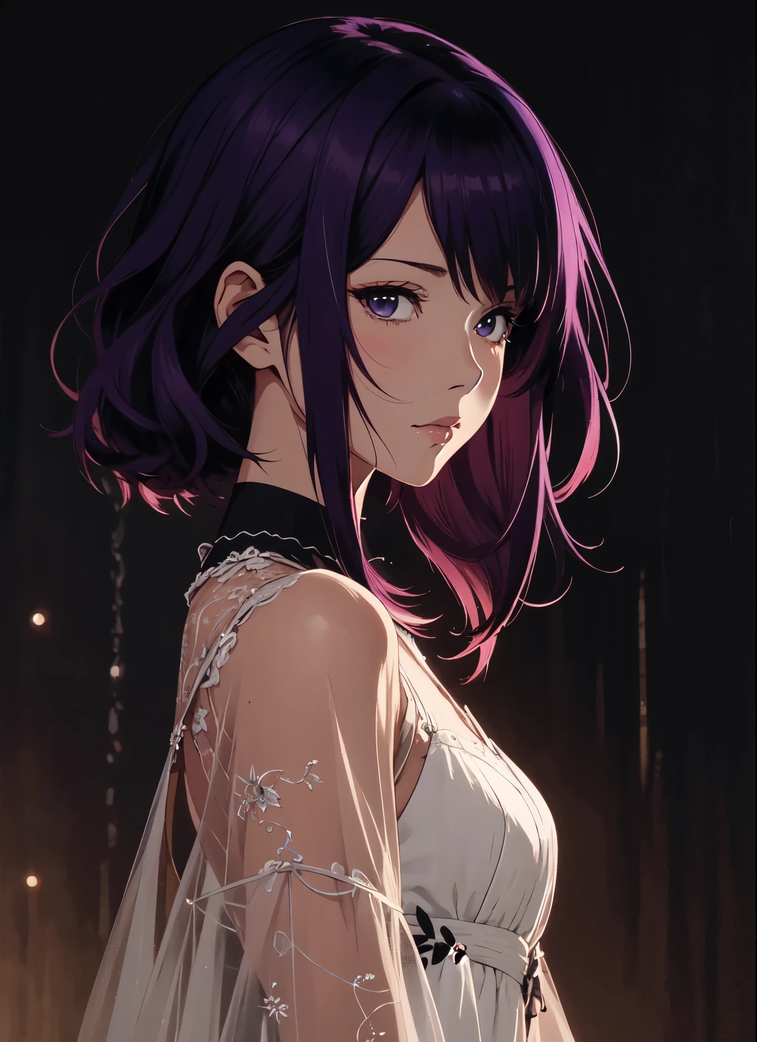anime girl with purple hair and a white dress standing in front of a dark background, guweiz, artwork in the style of guweiz, profile of anime girl, portrait anime girl, beautiful anime portrait, portrait of an anime girl, portrait of anime girl, anime girl portrait profile, digital anime art, detailed portrait of anime girl, guweiz masterpiece