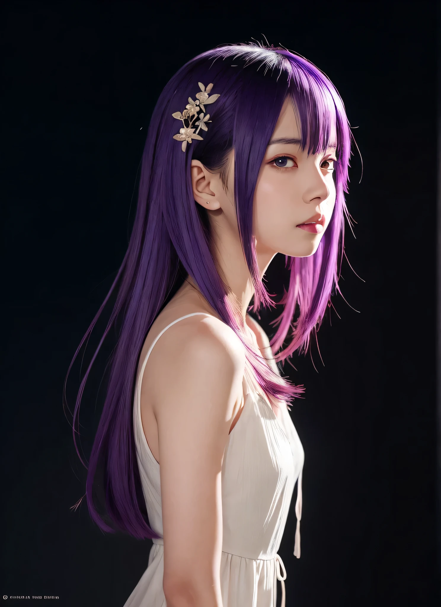 fille d&#39;anime aux cheveux violets et à la robe blanche debout devant un fond sombre, guweiz, oeuvre d&#39;art dans le style de guweiz, profil de fille anime, portrait, anime, fille, beau portrait animé, Portrait d&#39;une fille animée, portrait de fille animée, profil de portrait de fille animée, art animé numérique, detailed portrait de fille animée, chef-d&#39;œuvre de Guweiz